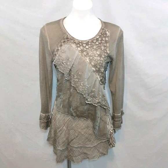 Simply Couture Boho Ruffled Lace Accent Long Sleeve Tunic Top Small Romantic - Picture 2 of 8